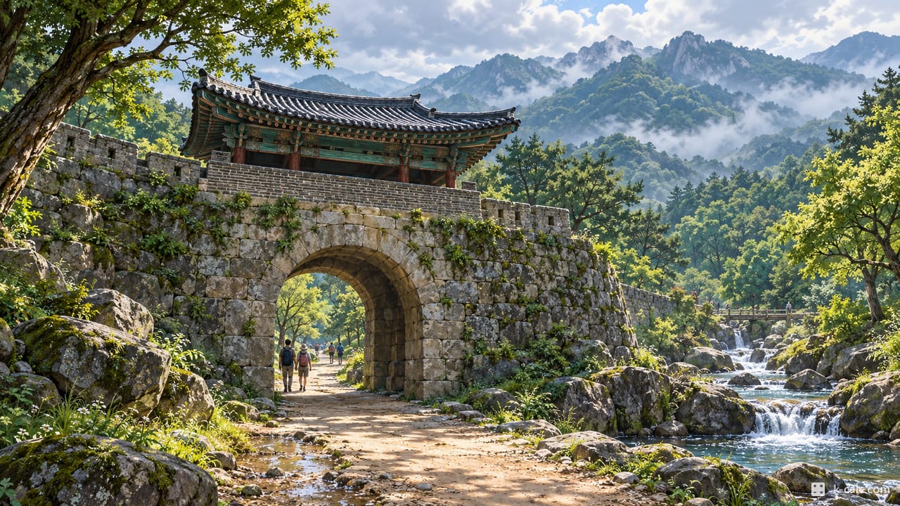 경상북도 문경시 문경읍, 문경새재 옛길 관문 풍경 일러스트