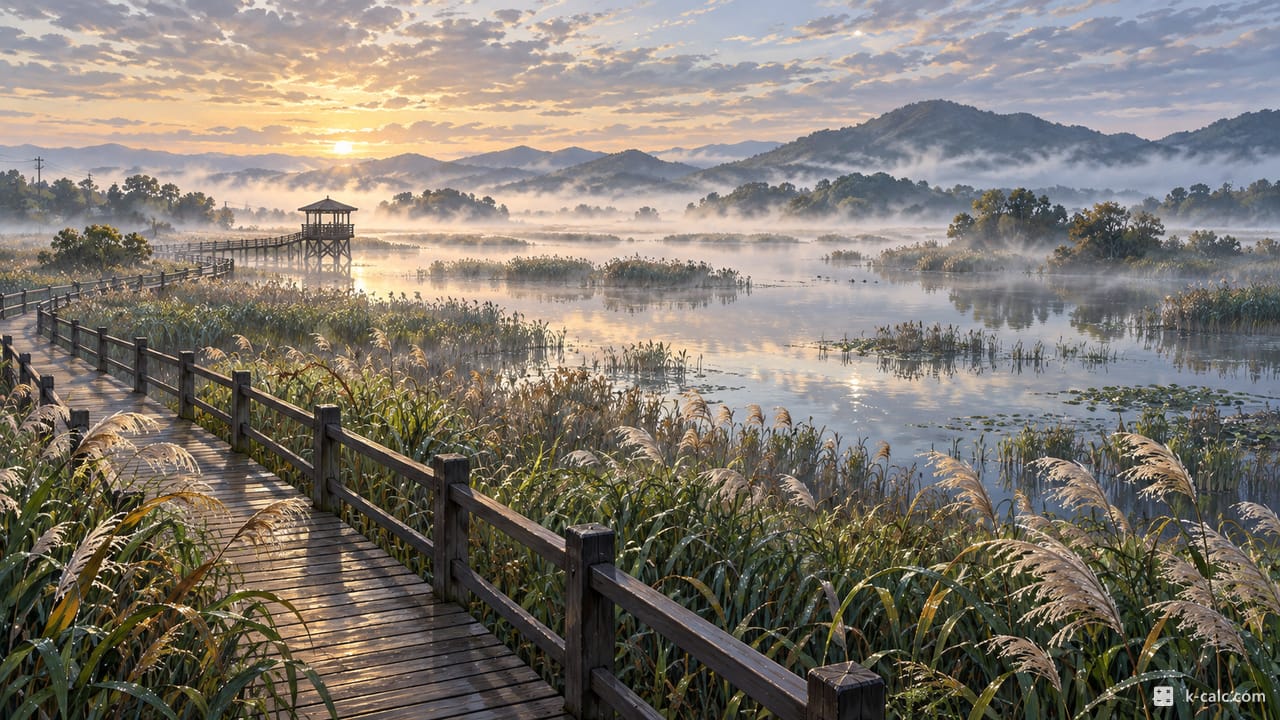 경상남도 창녕군 유어면, 우포늪 물안개와 갈대 풍경 일러스트