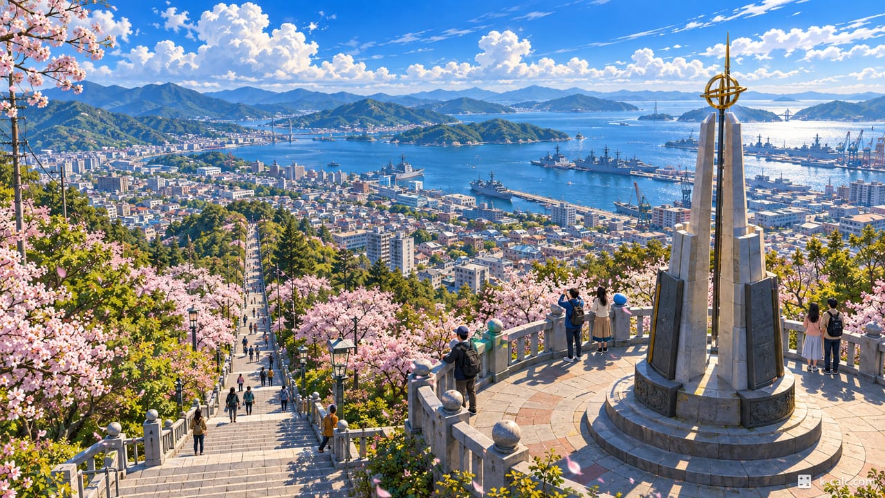 경상남도 창원시 진해구 제황산동, 제황산공원 탑과 계단 풍경 일러스트