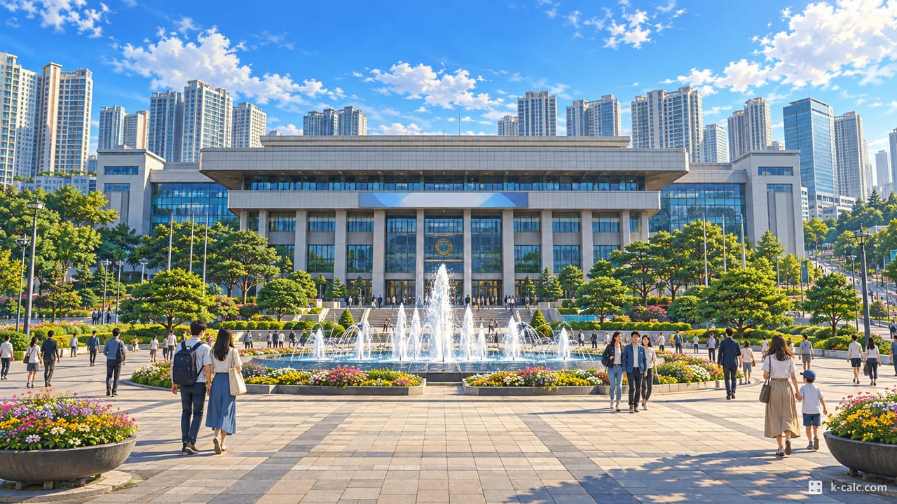 인천광역시 남동구 구월동, 인천시청 청사와 광장 풍경 일러스트