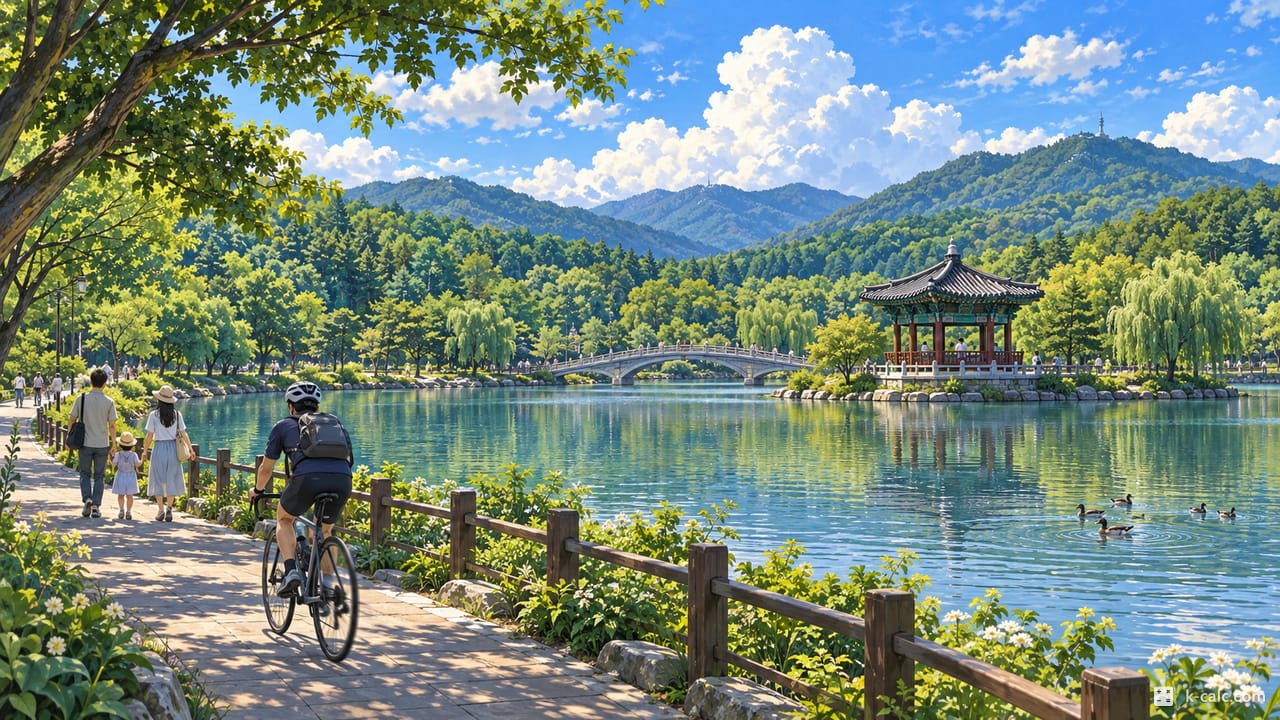 인천광역시 남동구 장수동, 인천대공원 호수와 숲길 풍경 일러스트