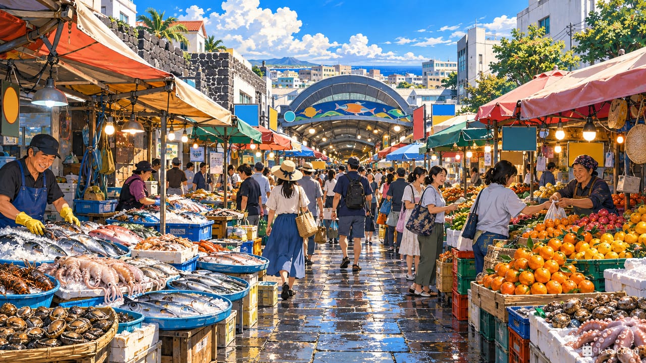 제주특별자치도 제주시 이도일동, 제주 동문시장 풍경 일러스트