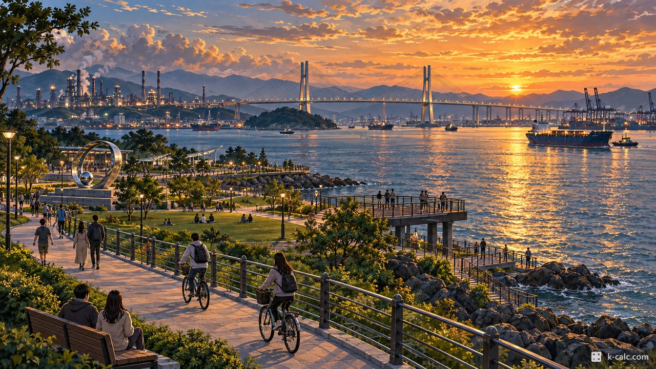전라남도 광양시 태인동, 배알도수변공원과 이순신대교 풍경 일러스트