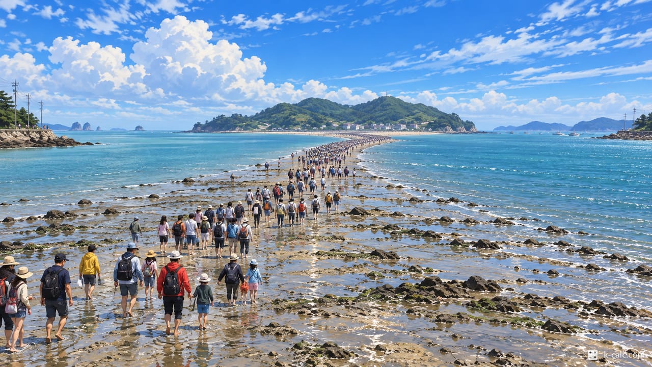 전라남도 진도군 고군면, 신비의 바닷길 회동마을 풍경 일러스트