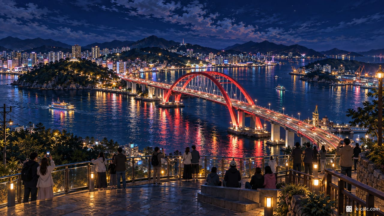 전라남도 여수시 돌산읍, 돌산대교와 돌산공원 야경 일러스트