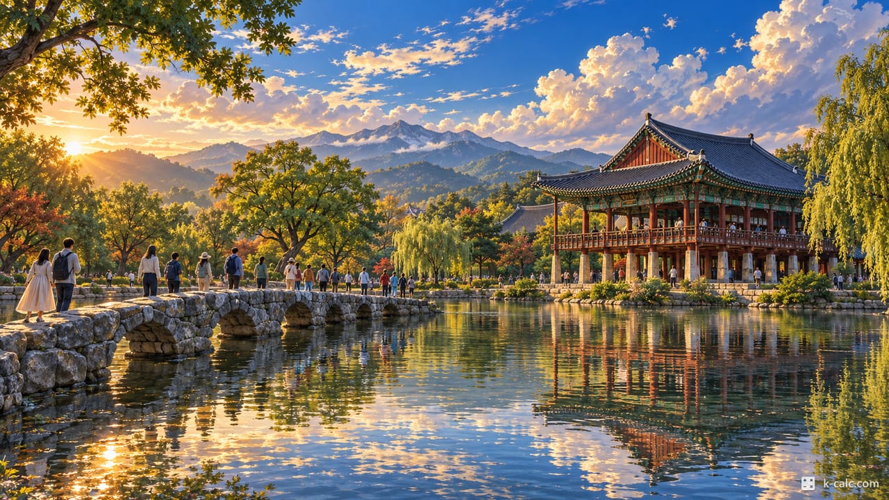 전북특별자치도 남원시 천거동, 광한루원 누각과 연못 풍경 일러스트