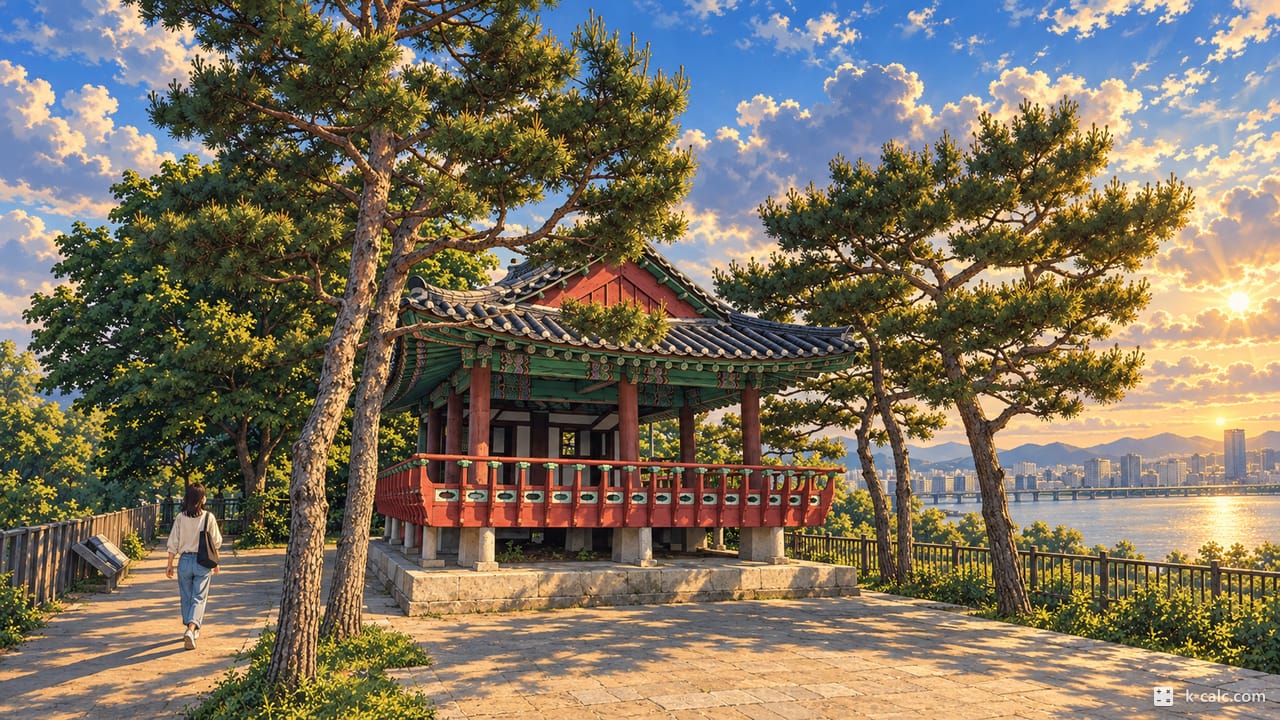 서울특별시 동작구 흑석동, 효사정 정자와 한강변 풍경 일러스트