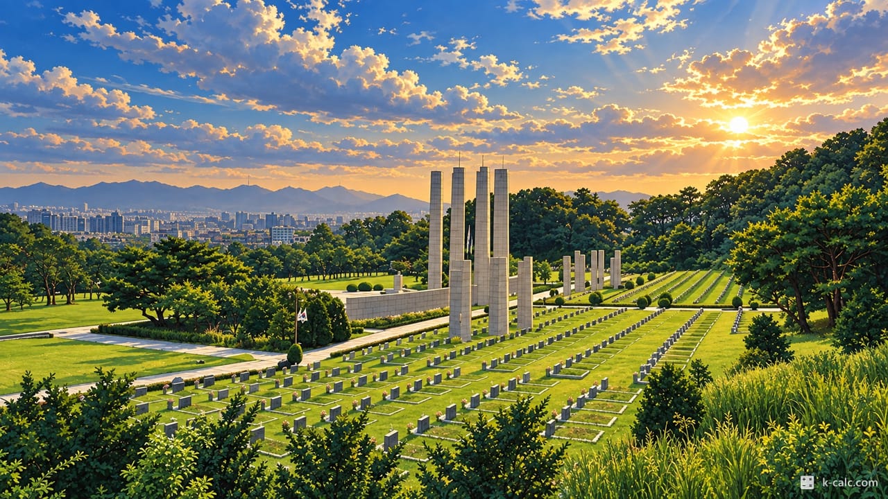 서울특별시 강북구 수유동, 국립4·19민주묘지 추모탑과 잔디밭 풍경 일러스트