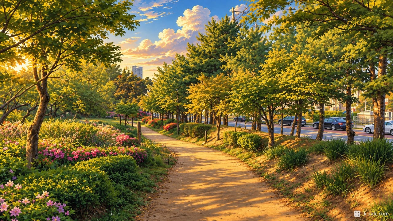 서울특별시 강동구 둔촌동, 일자산근린공원 산책로 풍경 일러스트
