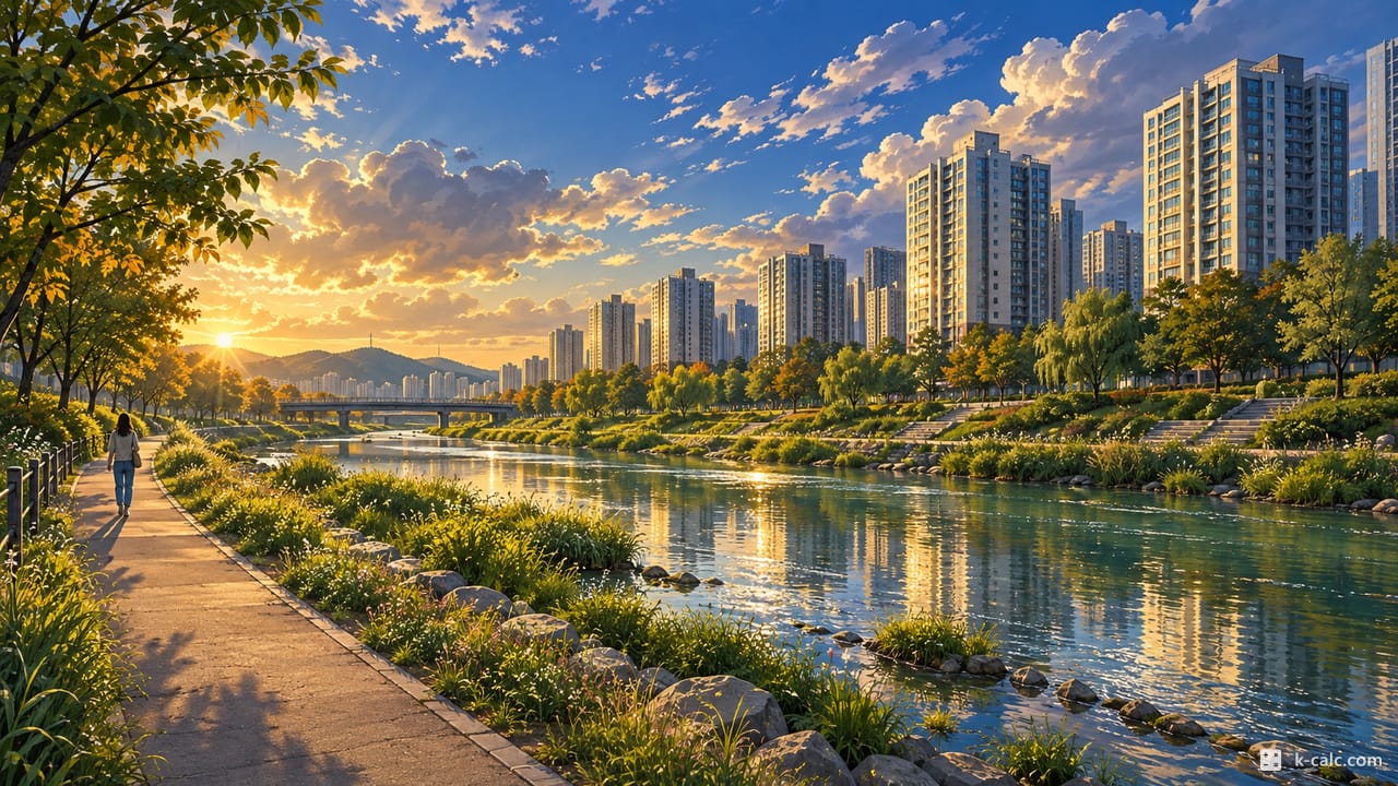 서울특별시 강동구 고덕동, 고덕천 산책로와 새 아파트 단지 풍경 일러스트
