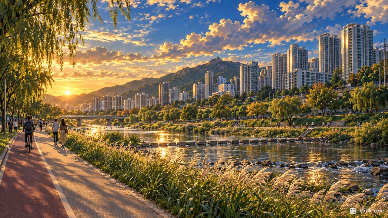 서울특별시 강남구 개포동, 양재천 산책로와 개포동 새 아파트 단지 풍경 일러스트