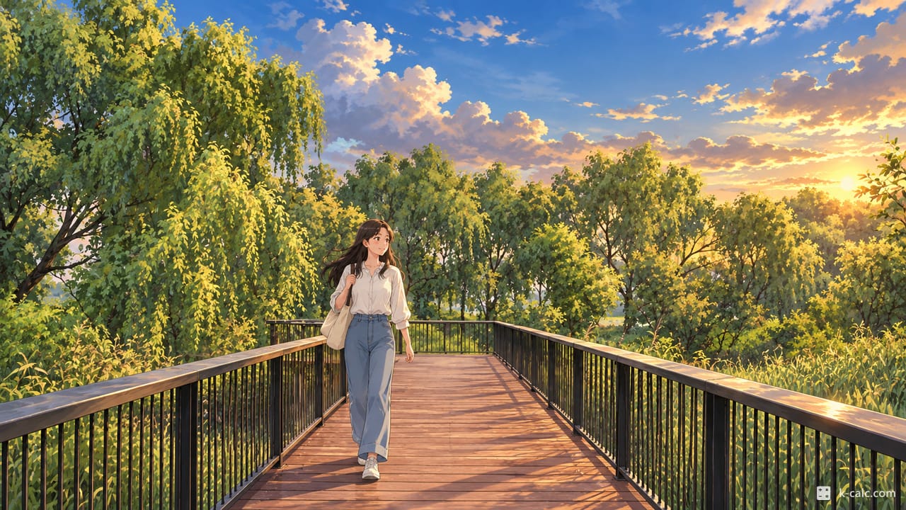 서울특별시 강서구 방화동, 강서습지생태공원 목재 데크길 풍경 일러스트