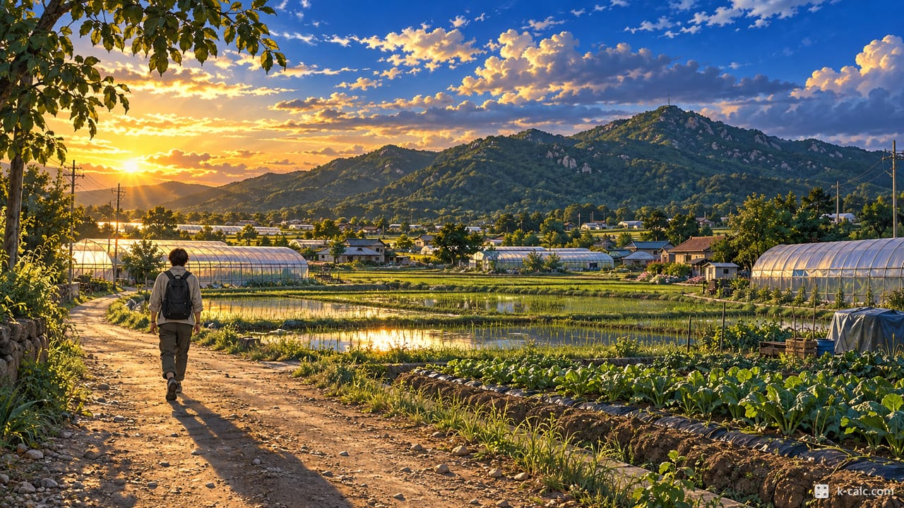 서울특별시 강서구 오곡동, 오곡동 들녘과 낮은 마을길 풍경 일러스트