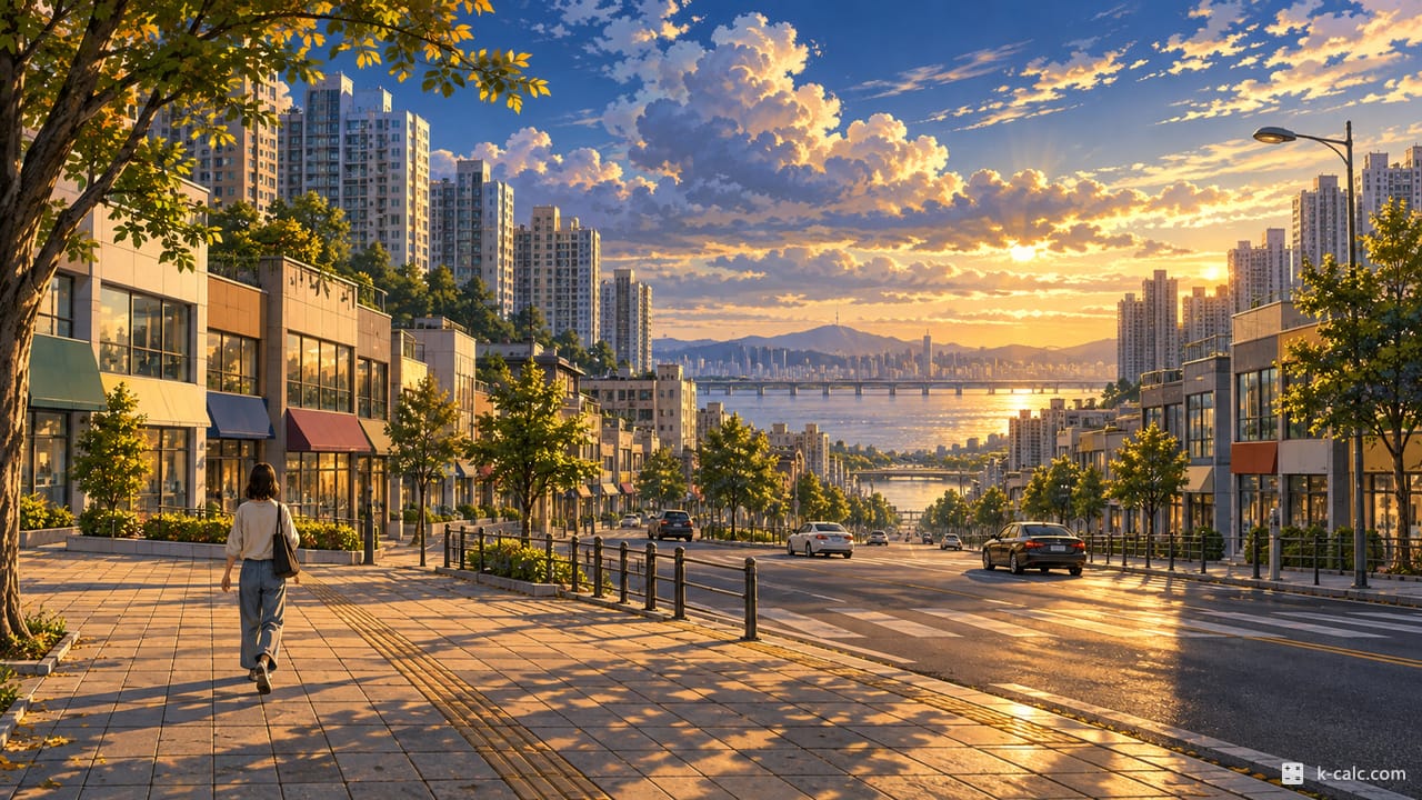 서울특별시 강서구 염창동, 염창동 한강변 아파트 거리 풍경 일러스트