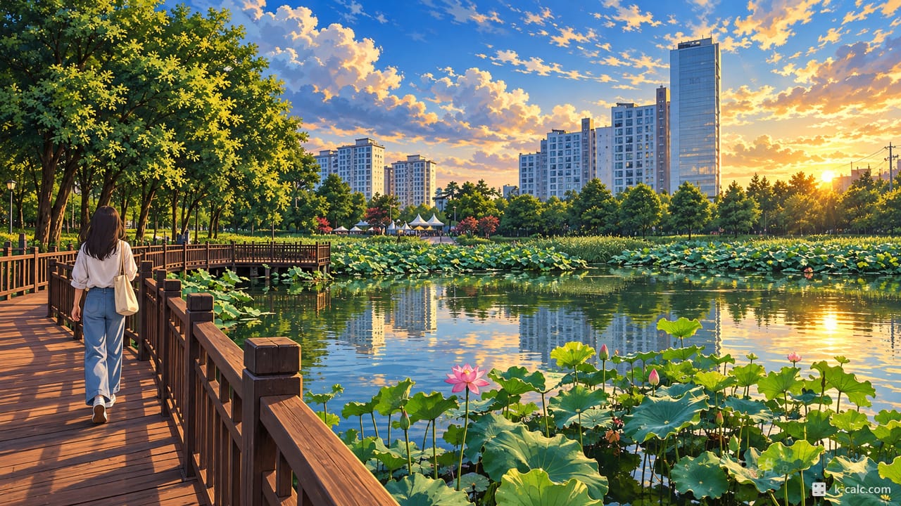 서울특별시 구로구 천왕동, 천왕근린공원 연꽃 연못 풍경 일러스트