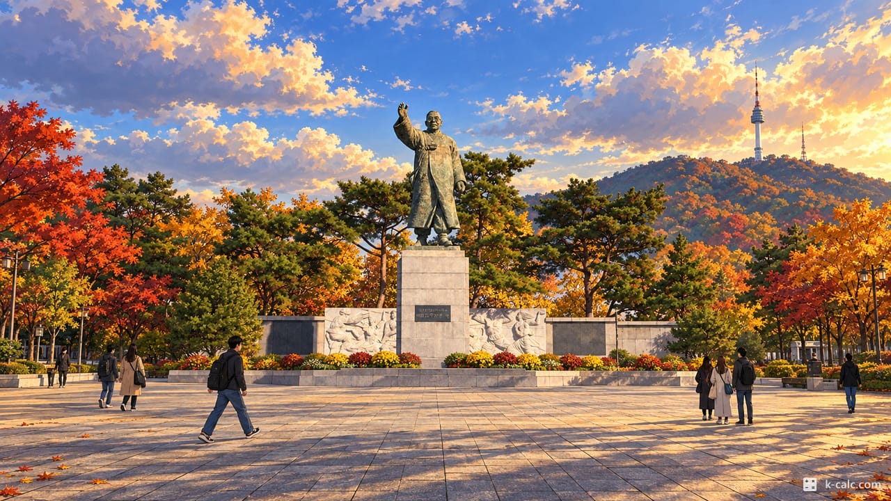 서울특별시 중구 회현동1가, 남산 백범광장 동상 앞 풍경 일러스트