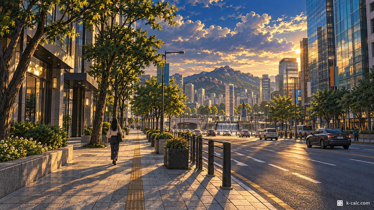 서울특별시 중구 무교동, 청계천 시작점과 무교로 빌딩 거리 풍경 일러스트