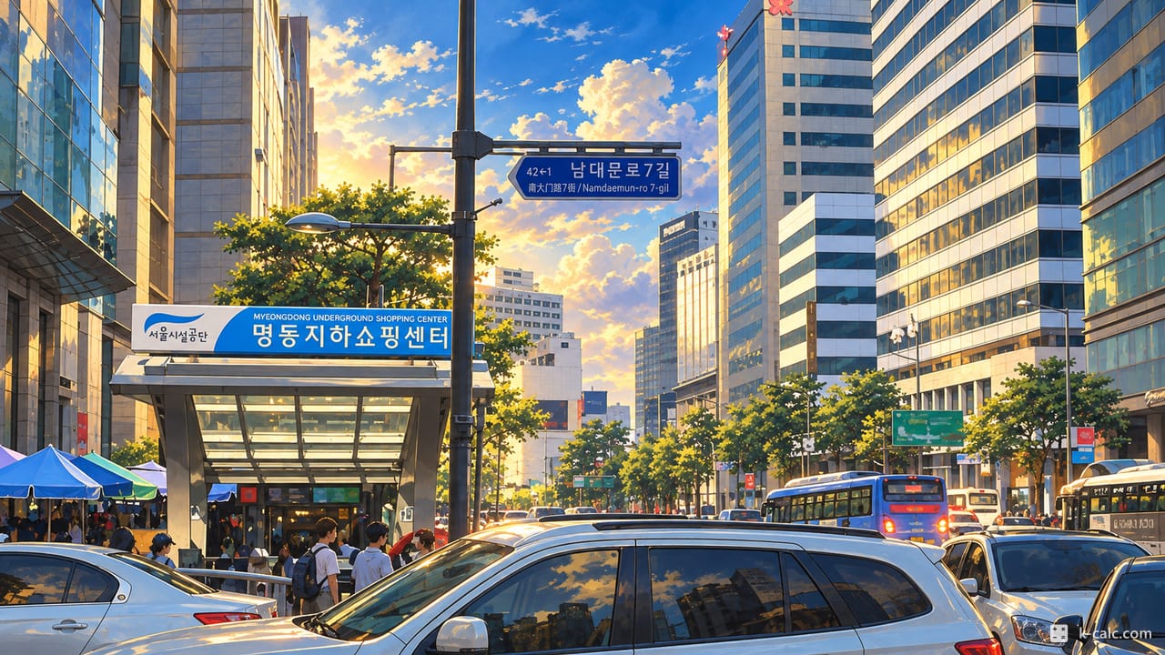 서울특별시 중구 명동2가, 명동 거리와 지하쇼핑센터 입구 풍경 일러스트