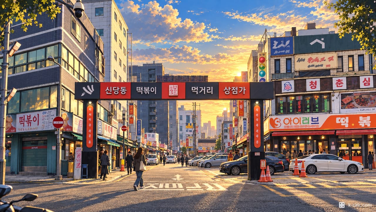 서울특별시 중구 신당동, 신당동 떡볶이 먹자골목 사거리 풍경 일러스트