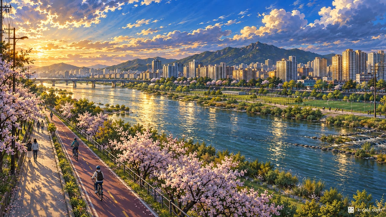 서울특별시 중랑구 상봉동, 중랑천 둑길과 상봉동 풍경 일러스트