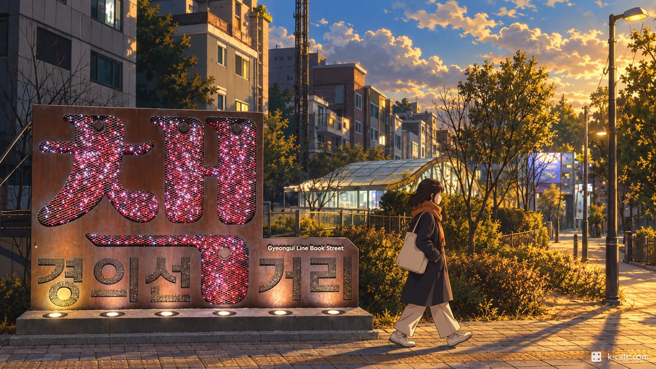 서울특별시 마포구 동교동, 경의선책거리 표지석 앞 풍경 일러스트