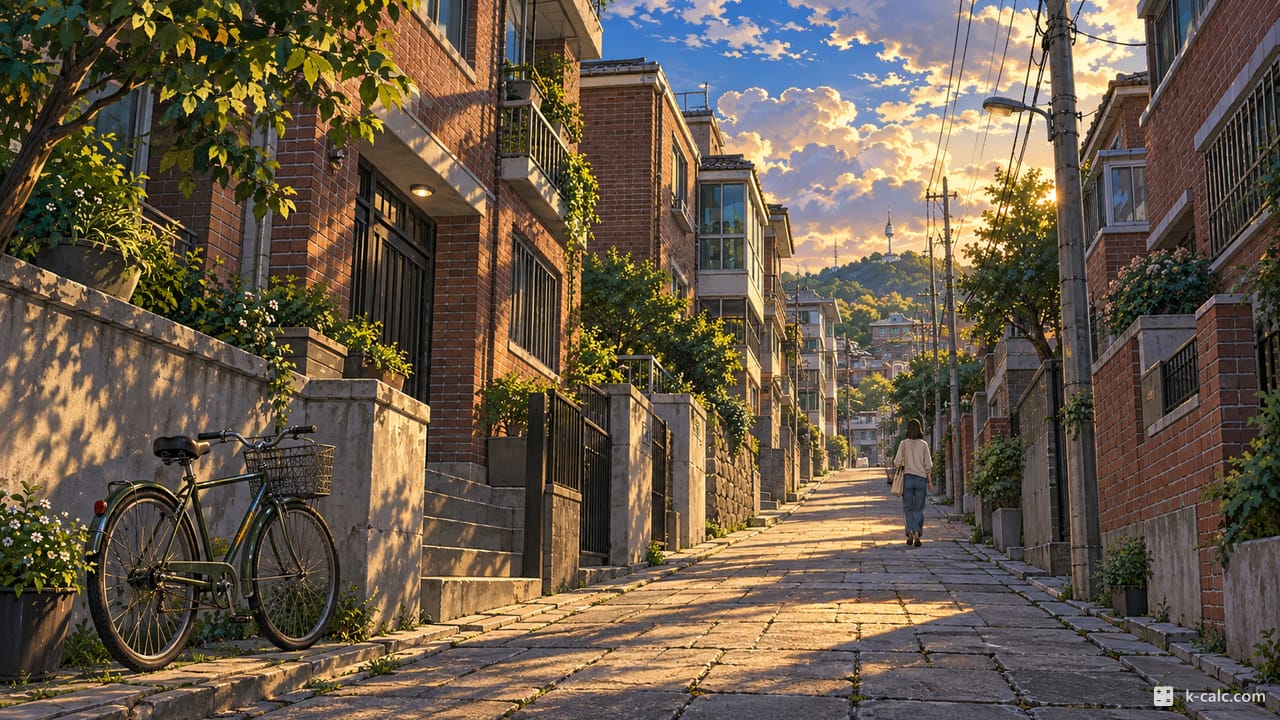 서울특별시 마포구 중동, 동네 주택가 골목 풍경 일러스트