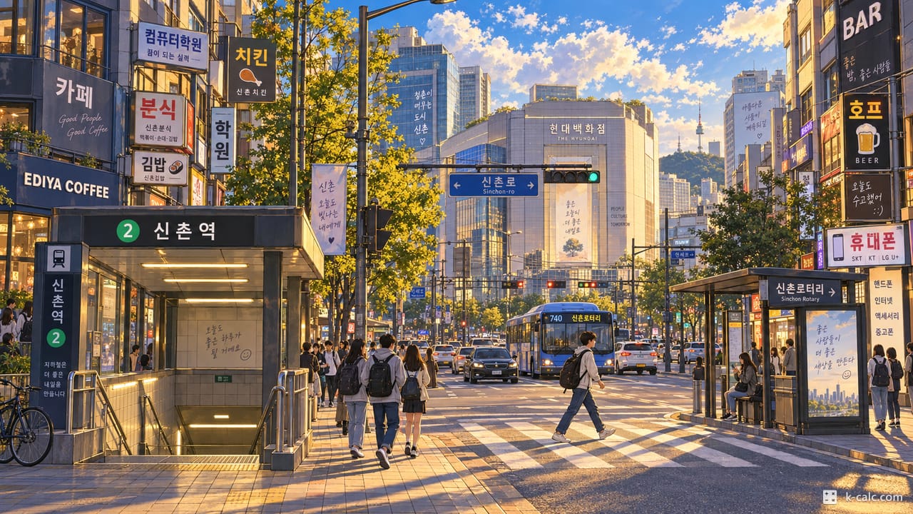 서울특별시 마포구 노고산동, 신촌로터리 인근 상가 거리 풍경 일러스트