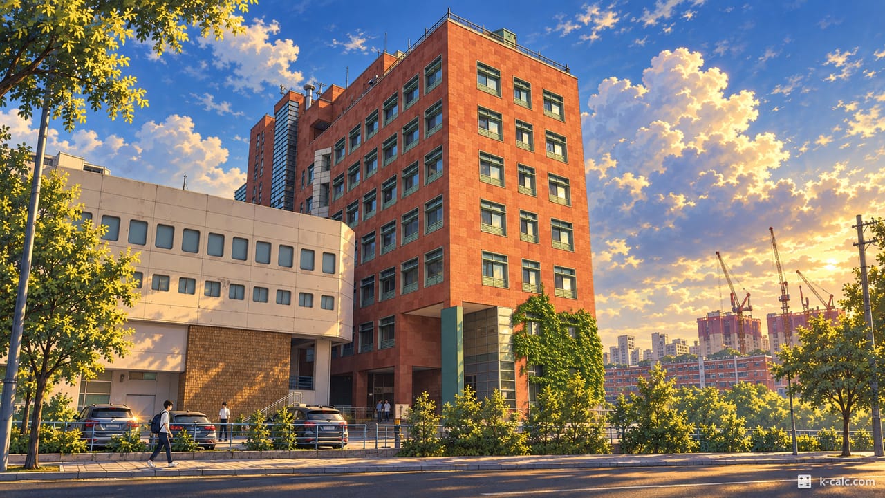 서울특별시 마포구 신수동, 대학 건물 앞 거리 풍경 일러스트