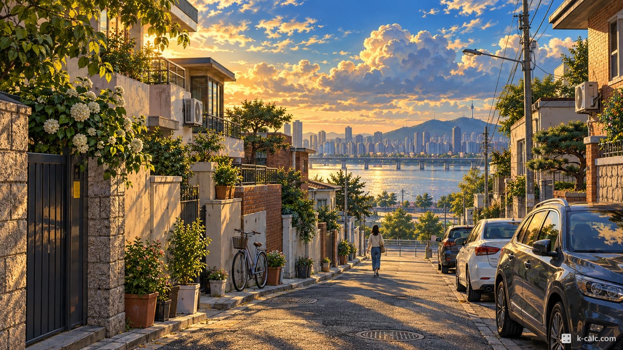 서울특별시 마포구 토정동, 한강변 인근 주택가 골목 풍경 일러스트