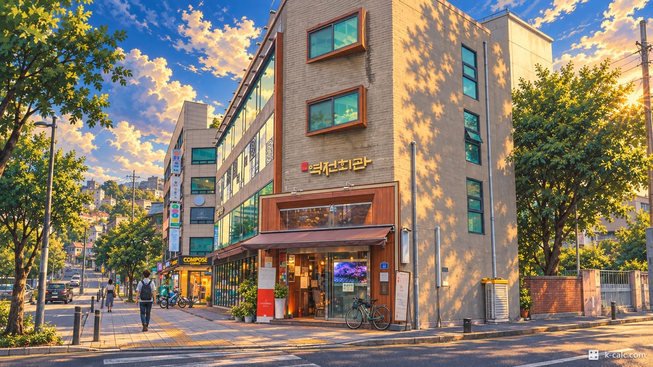서울특별시 마포구 염리동, 골목 상가 거리 모퉁이 풍경 일러스트