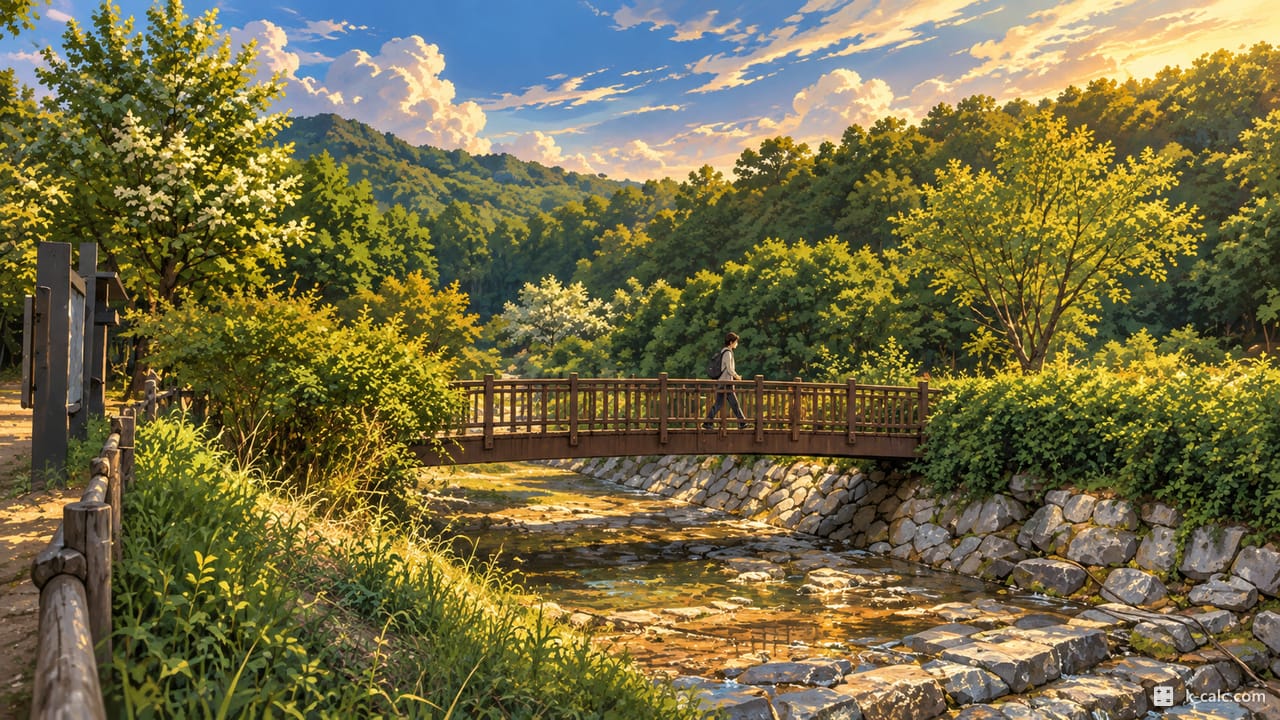 서울특별시 서초구 우면동, 우면산 계곡 숲길과 다리 풍경 일러스트
