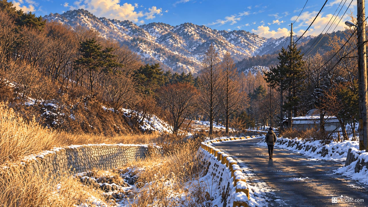 서울특별시 서초구 원지동, 청계산 자락 겨울 산길 풍경 일러스트