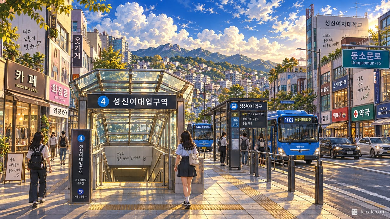 서울특별시 성북구 돈암동, 성신여대입구역 앞 거리 풍경 일러스트