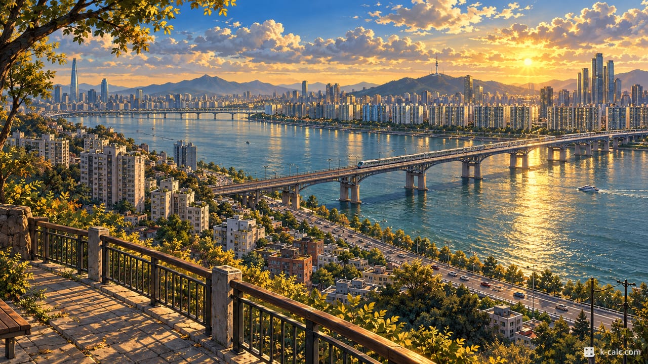 서울특별시 성동구 옥수동, 달맞이봉공원에서 본 한강과 동호대교 풍경 일러스트