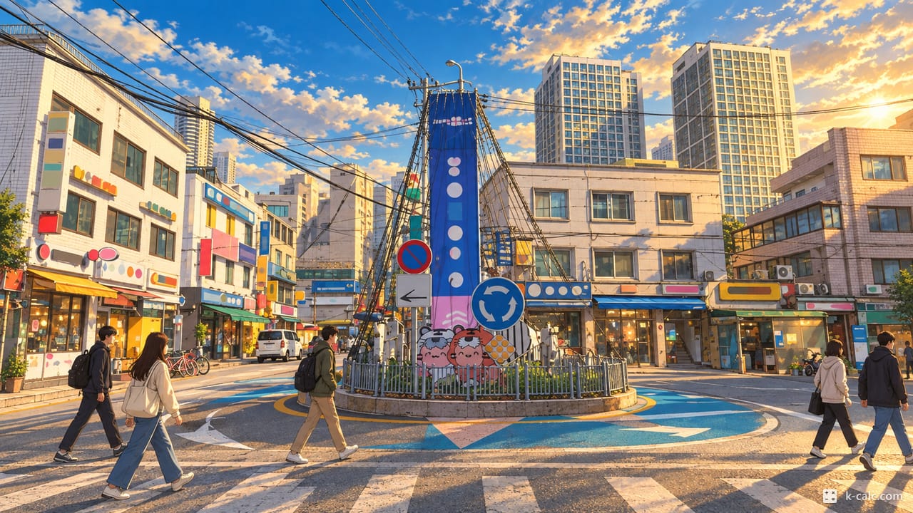 서울특별시 송파구 풍납동, 풍납도깨비시장 입구 사거리 풍경 일러스트