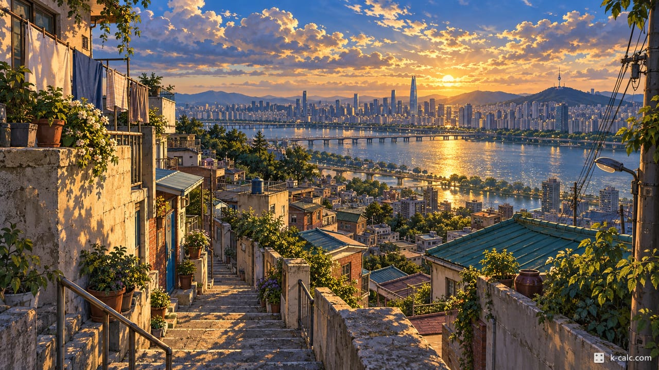 서울특별시 용산구 보광동, 보광동 언덕 골목과 한강 풍경 일러스트